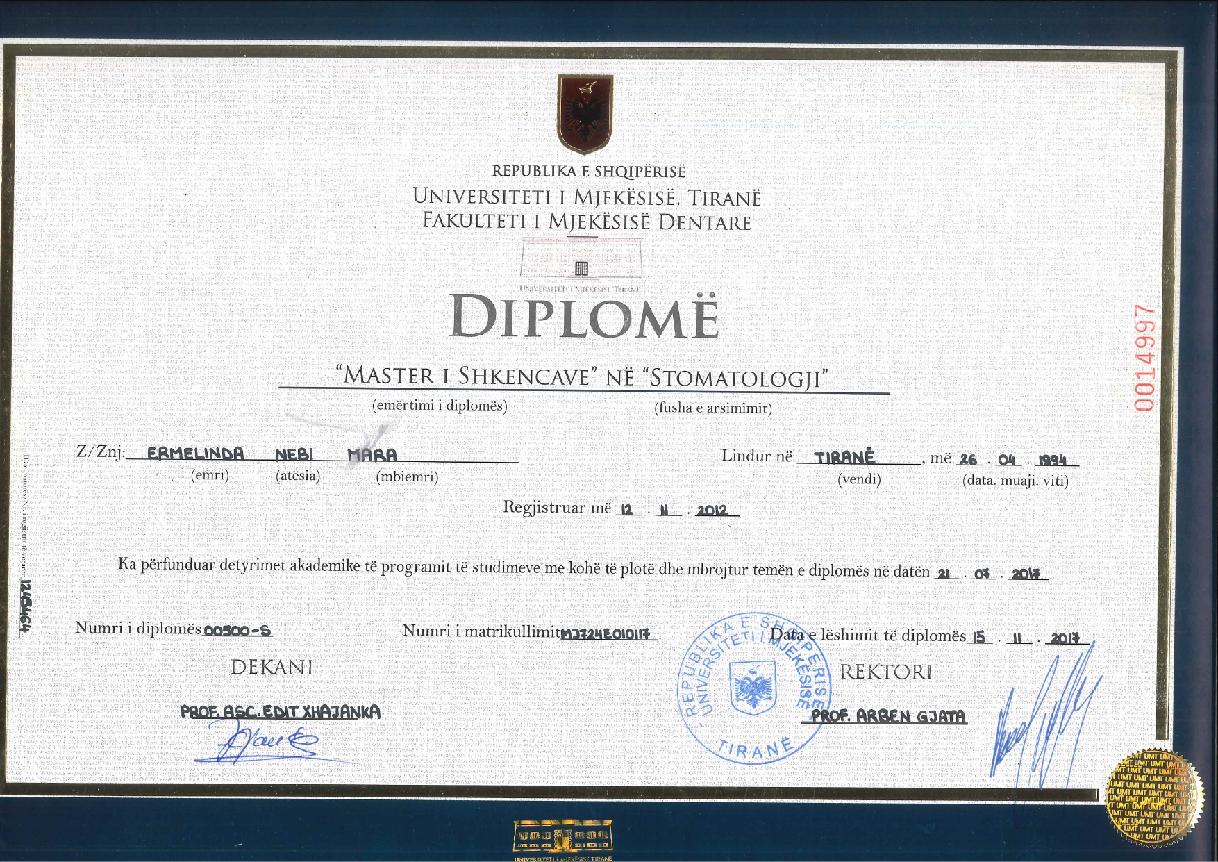 Diploma Master i Shkencave ne Stomatologji